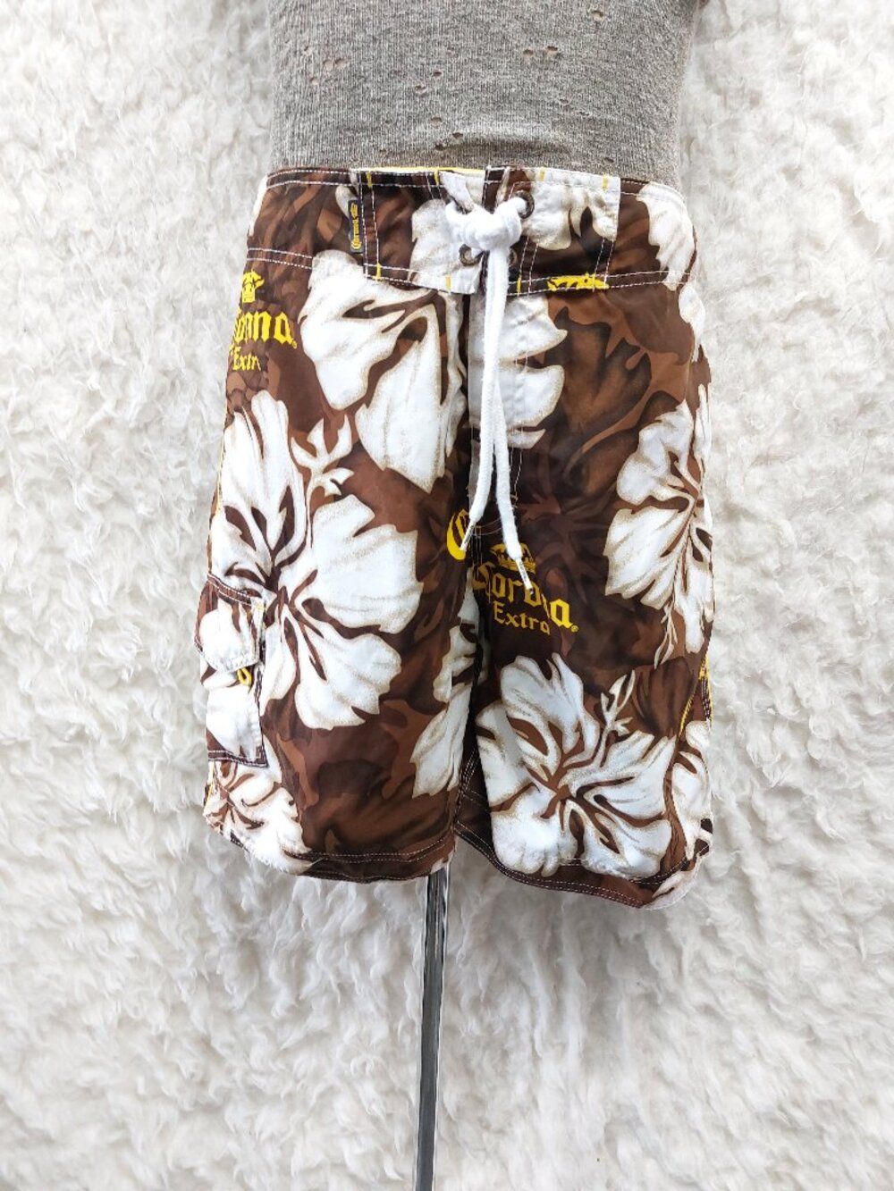 Corona Extra Men's Board Shorts Brown Tropical Floral Print Drawstring